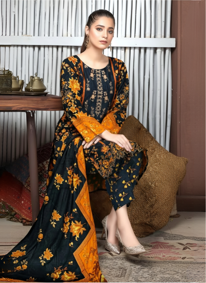 Black & Mustard Floral Printed and Embroidered Unstitched Lawn 3-Piece Suit with Lawn Dupatta