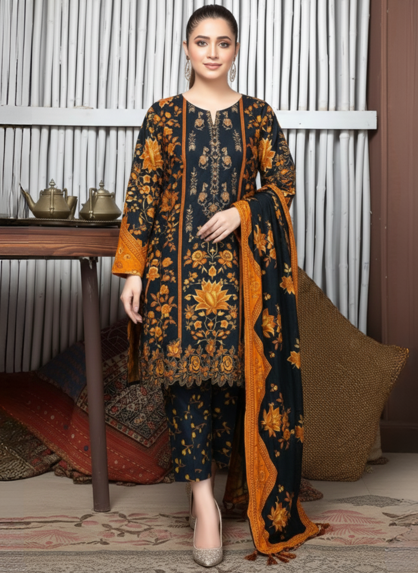 Black & Mustard Floral Printed and Embroidered Unstitched Lawn 3-Piece Suit with Lawn Dupatta