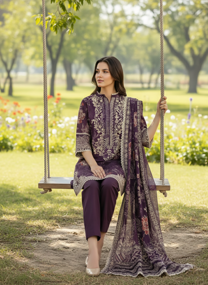 Purple Unstitched Embroidered Lawn Suit with Printed Lawn Dupatta