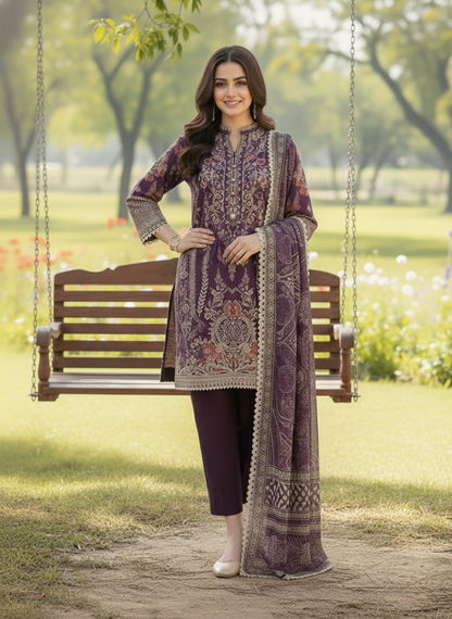 Purple Unstitched Embroidered Lawn Suit with Printed Lawn Dupatta