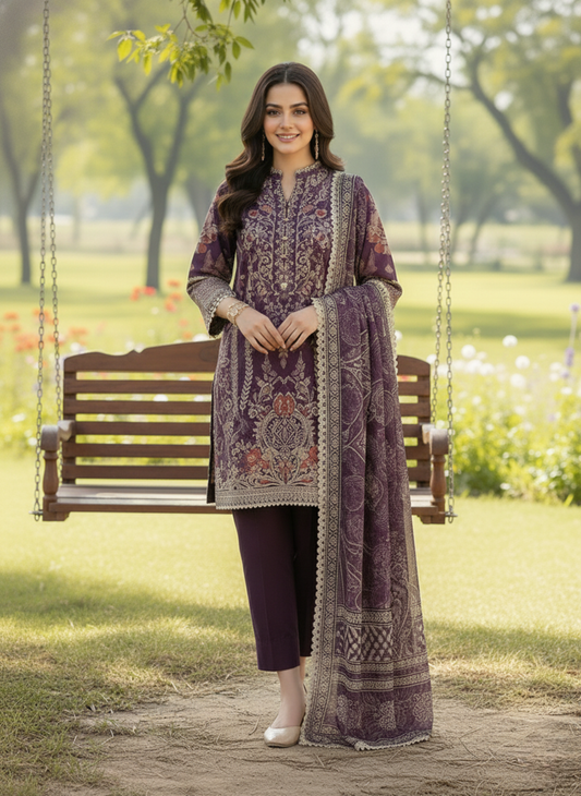 Purple Unstitched Embroidered Lawn Suit with Printed Lawn Dupatta