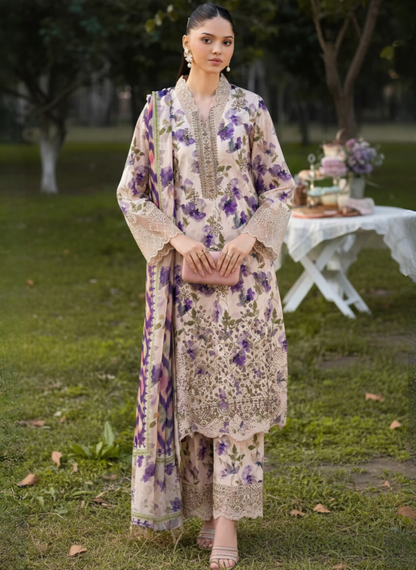 Cream and Purple Embroidered Unstitched Lawn 3-Piece Suit with Lawn Dupatta