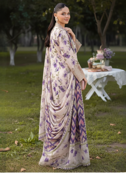 Cream and Purple Embroidered Unstitched Lawn 3-Piece Suit with Lawn Dupatta
