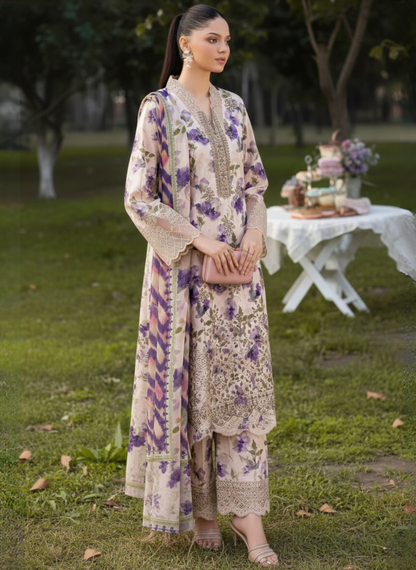 Cream and Purple Embroidered Unstitched Lawn 3-Piece Suit with Lawn Dupatta