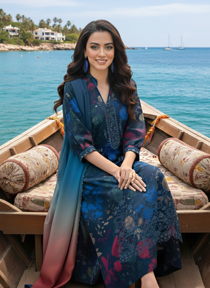 Embroidered Navy Blue Premium Unstitched Lawn 3-Piece Suit with Lawn Dupatta