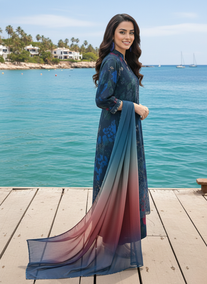 Embroidered Navy Blue Premium Unstitched Lawn 3-Piece Suit with Lawn Dupatta