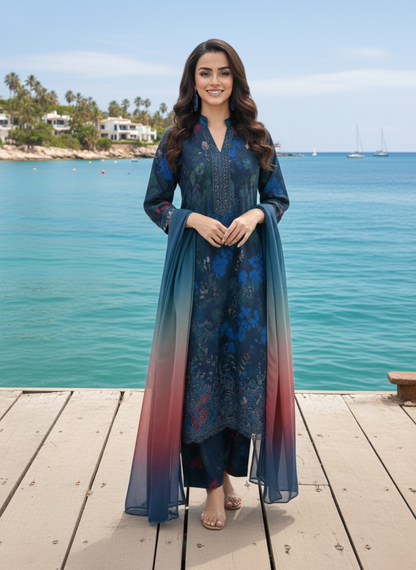 Embroidered Navy Blue Premium Unstitched Lawn 3-Piece Suit with Lawn Dupatta