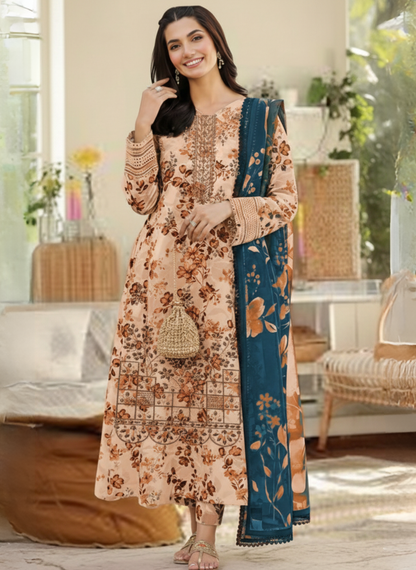 Peach Embroidered & Printed Unstitched 3-Piece Lawn Suit with Contrasting Lawn Dupatta