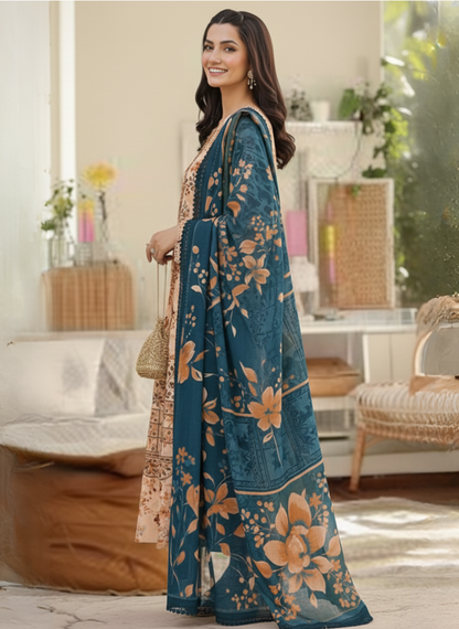 Peach Embroidered & Printed Unstitched 3-Piece Lawn Suit with Contrasting Lawn Dupatta