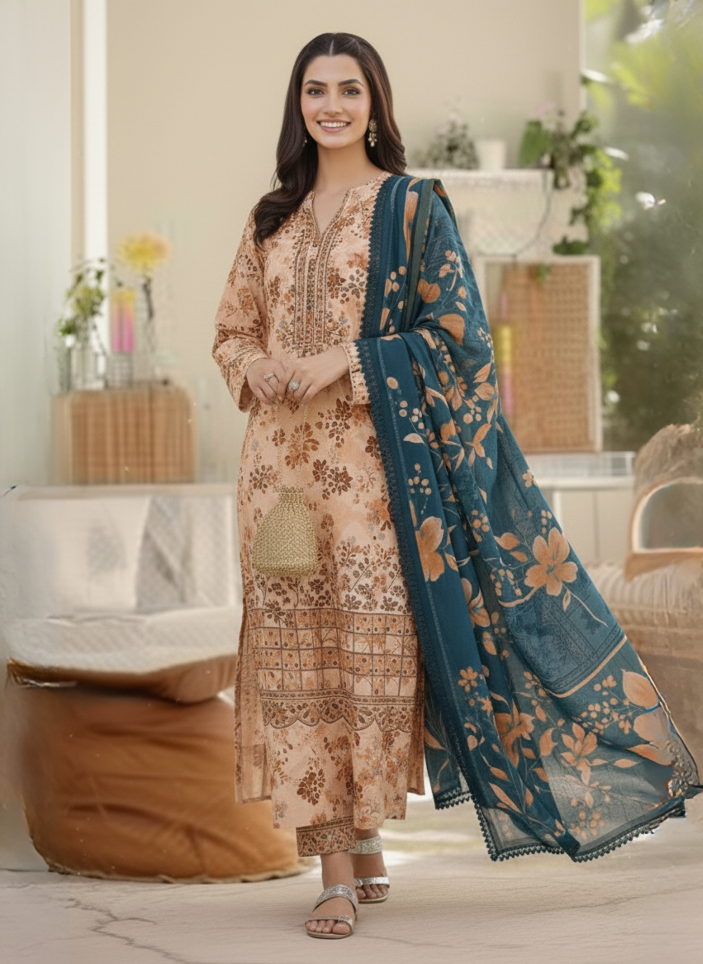 Peach Embroidered & Printed Unstitched 3-Piece Lawn Suit with Contrasting Lawn Dupatta
