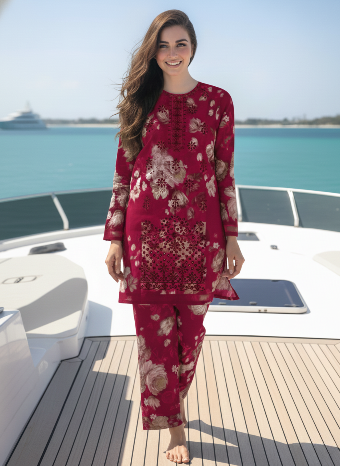 Maroon Embroidered & Printed Unstitched 3-Piece Lawn Suit with Lawn Dupatta