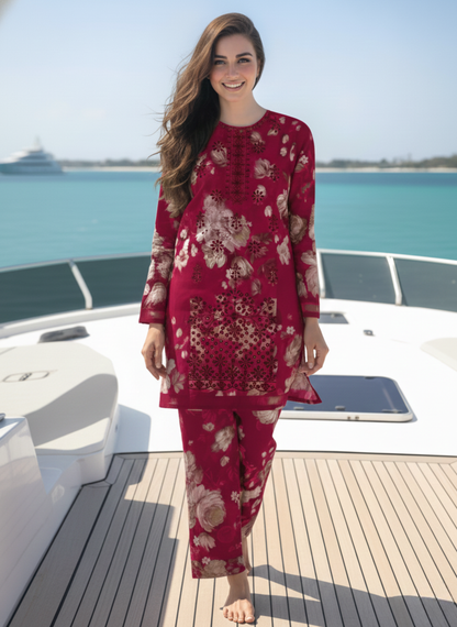 Maroon Embroidered & Printed Unstitched 3-Piece Lawn Suit with Lawn Dupatta