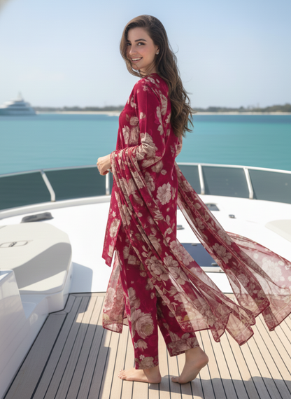 Maroon Embroidered & Printed Unstitched 3-Piece Lawn Suit with Lawn Dupatta