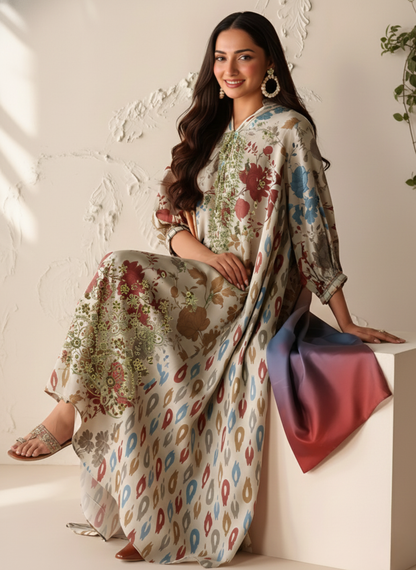 Luxury Pastel Multi-Color Printed Embroidered Unstitched Lawn 3-Piece Suit with Lawn Dupatta