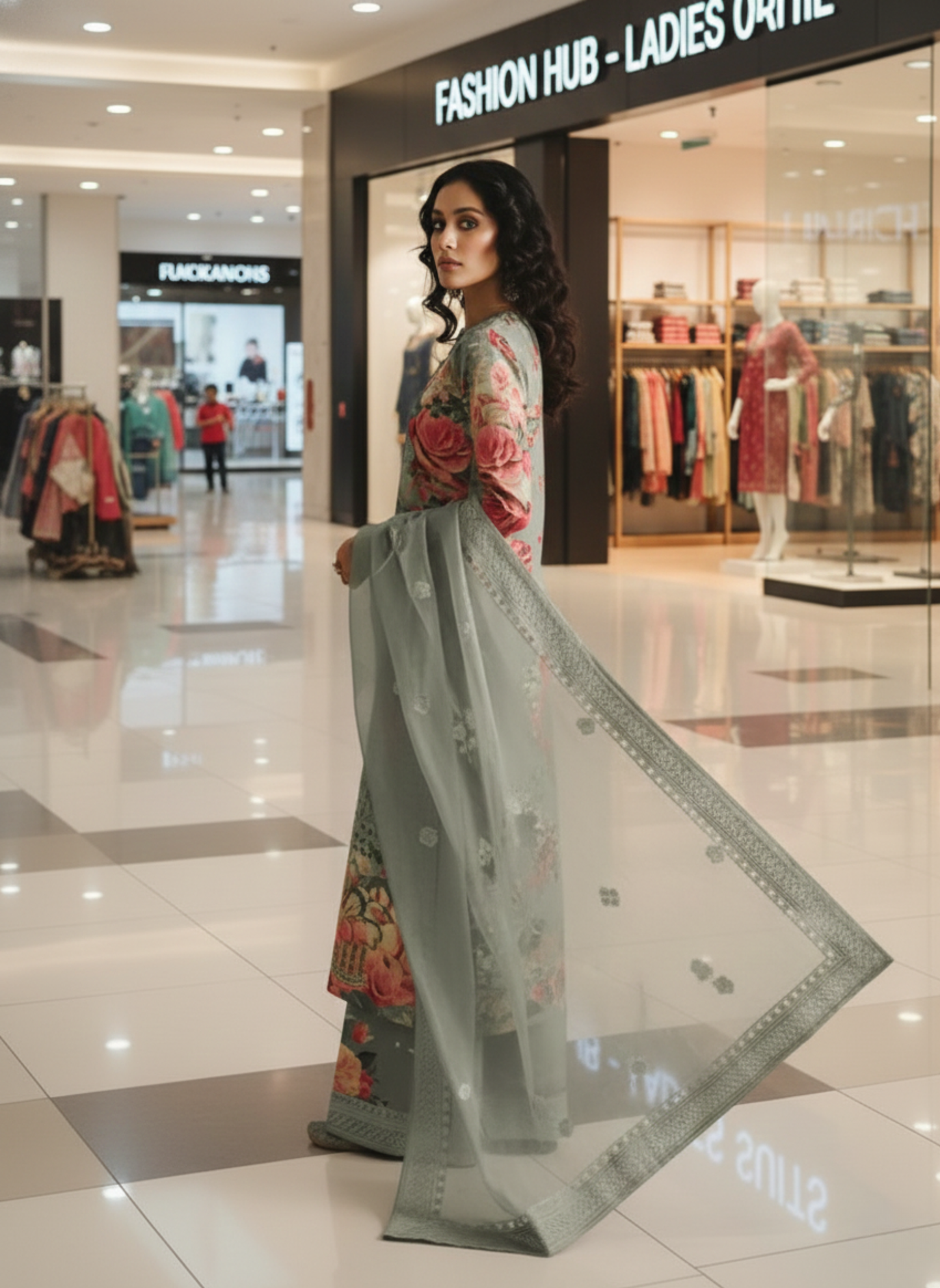 Luxury Grey Floral Printed & Embroidered Unstitched Lawn 3-Piece Suit with Lawn Dupatta