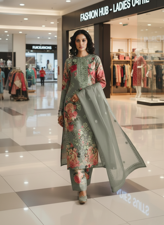 Luxury Grey Floral Printed & Embroidered Unstitched Lawn 3-Piece Suit with Lawn Dupatta