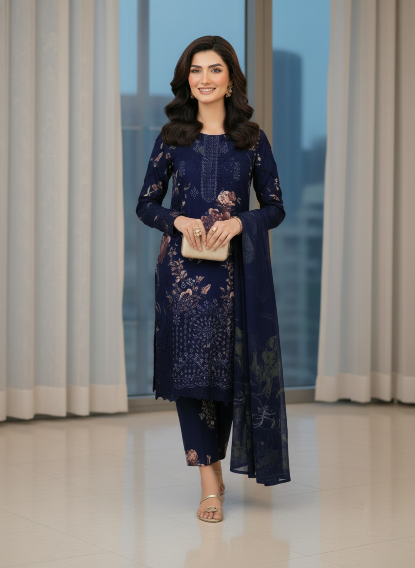 Premium Navy Blue Floral Embroidered 3-Piece Unstitched Lawn Suit With Lawn Dupatta