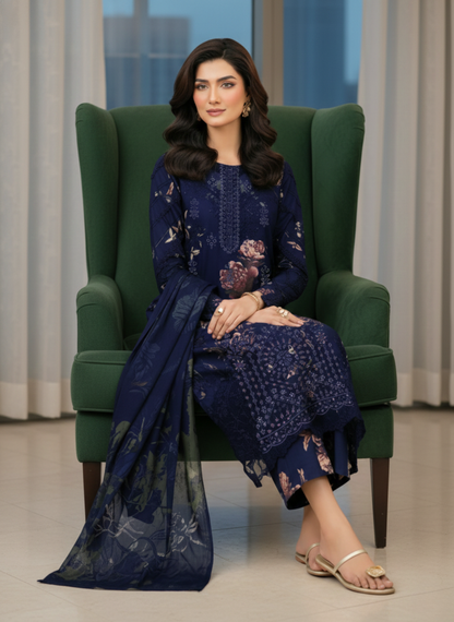 Premium Navy Blue Floral Embroidered 3-Piece Unstitched Lawn Suit With Lawn Dupatta