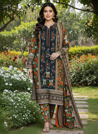 Black & Orange Floral Design 3-Piece Unstitched Embroidered & Printed Lawn Suit with Lawn Dupatta