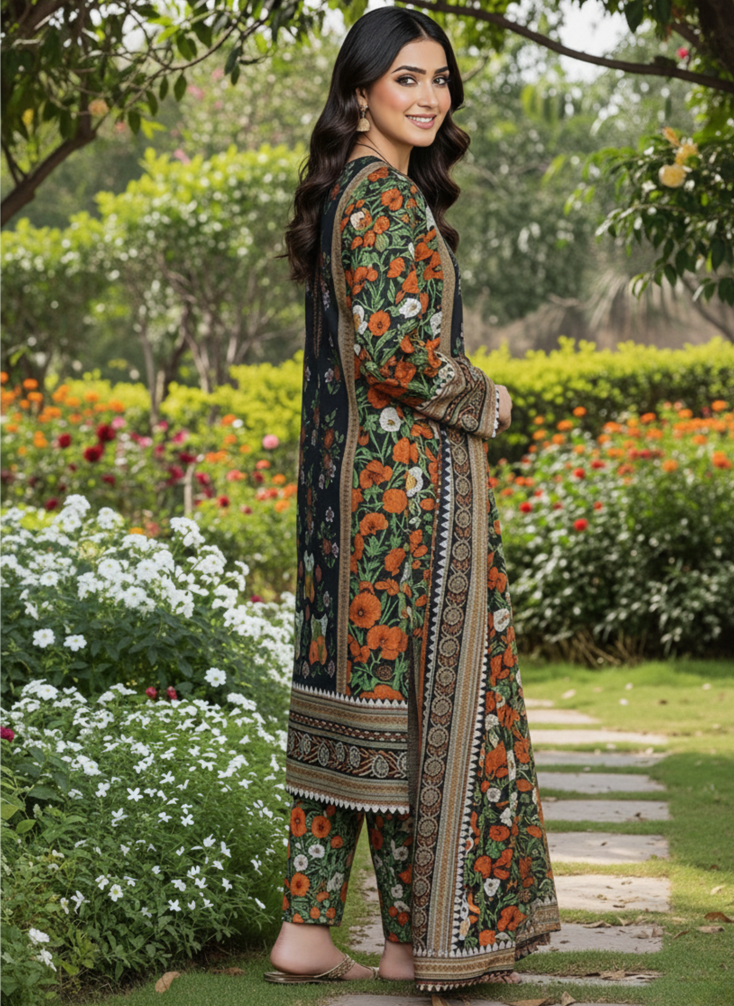 Black & Orange Floral Design 3-Piece Unstitched Embroidered & Printed Lawn Suit with Lawn Dupatta