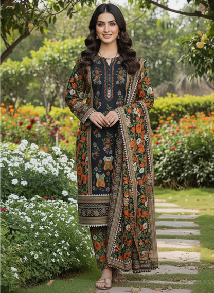 Black & Orange Floral Design 3-Piece Unstitched Embroidered & Printed Lawn Suit with Lawn Dupatta