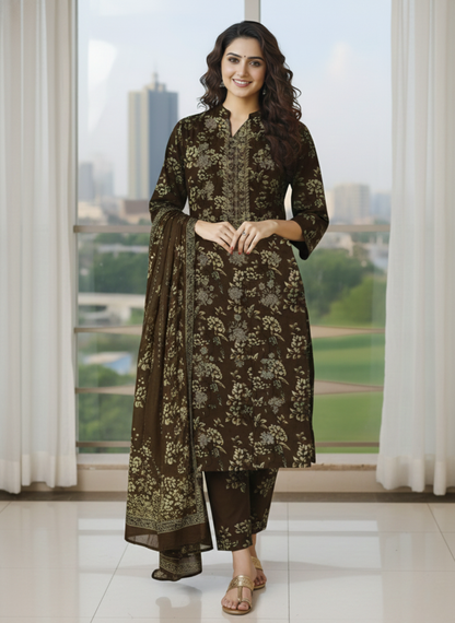 Elegant Brown Floral Embroidered & Printed 3-Piece Unstitched Lawn Suit with Printed Dupatta