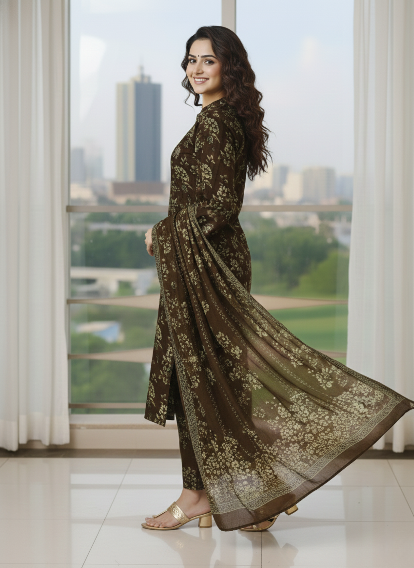Elegant Brown Floral Embroidered & Printed 3-Piece Unstitched Lawn Suit with Printed Dupatta