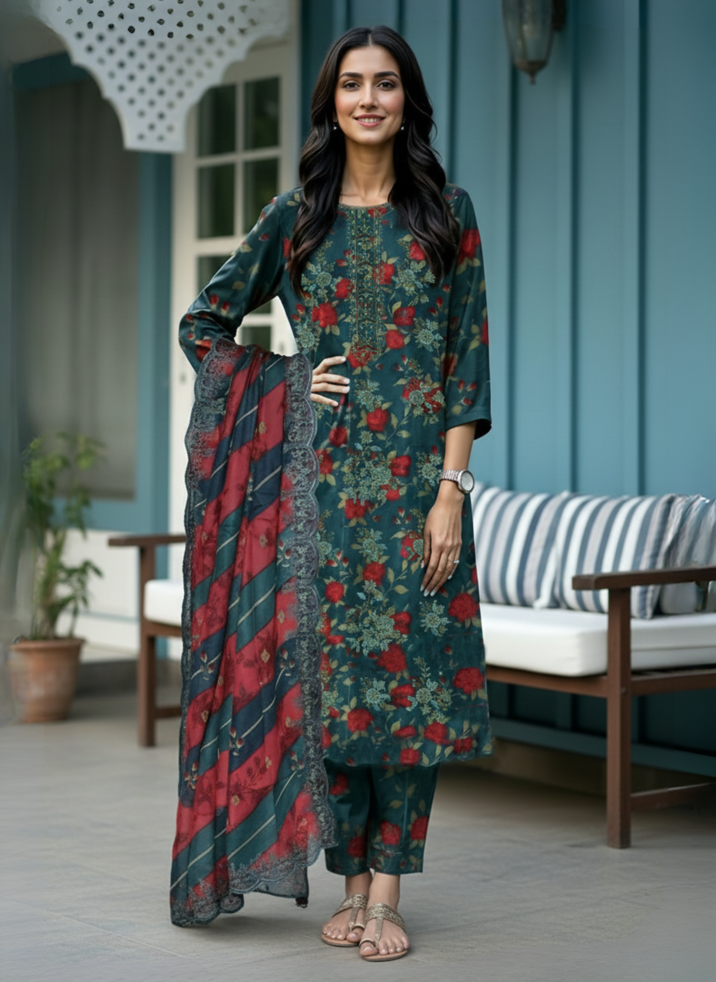 Premium Dark Teal 3-Piece Unstitched Printed & Embroidered Lawn Suit With Lawn Dupatta