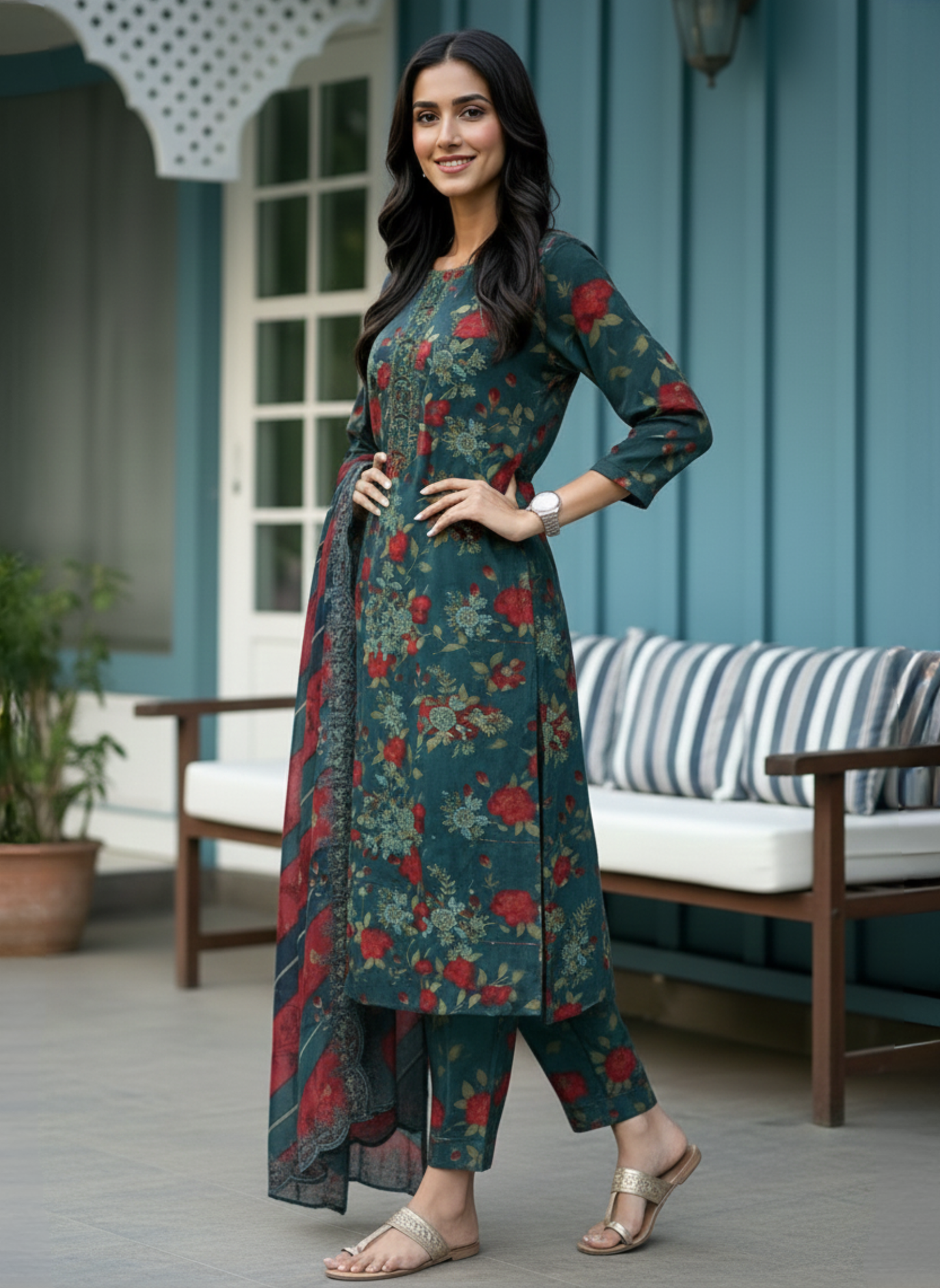 Premium Dark Teal 3-Piece Unstitched Printed & Embroidered Lawn Suit With Lawn Dupatta