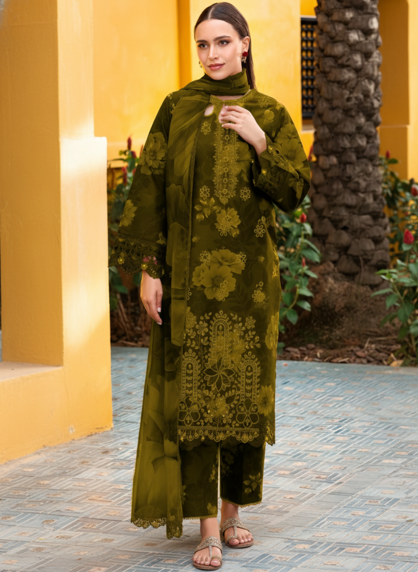 Olive Green Luxury Embroidered & Printed 3-Piece Lawn Suit With Printed Lawn Dupatta