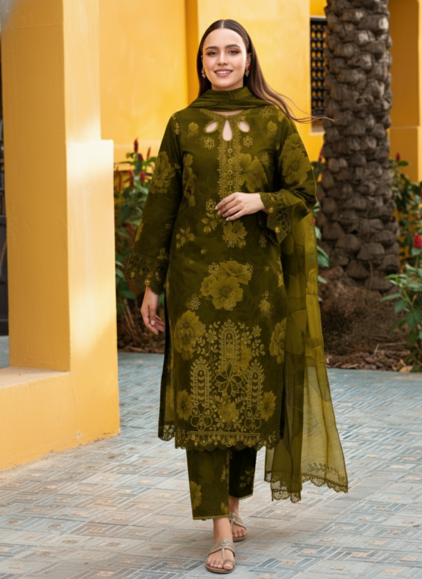 Olive Green Luxury Embroidered & Printed 3-Piece Lawn Suit With Printed Lawn Dupatta