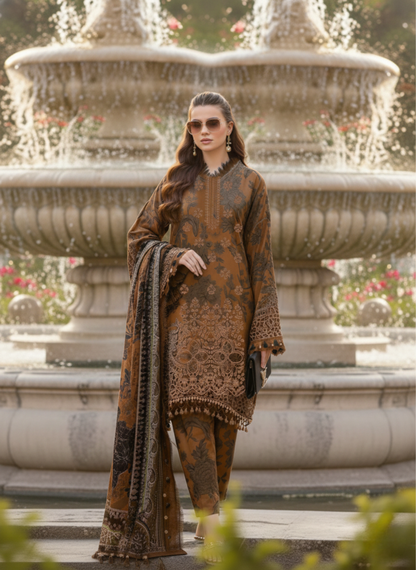 Chocolate Brown Luxury Embroidered & Printed 3-Piece Suit With Printed Lawn Dupatta