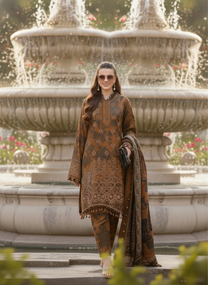 Chocolate Brown Luxury Embroidered & Printed 3-Piece Suit With Printed Lawn Dupatta