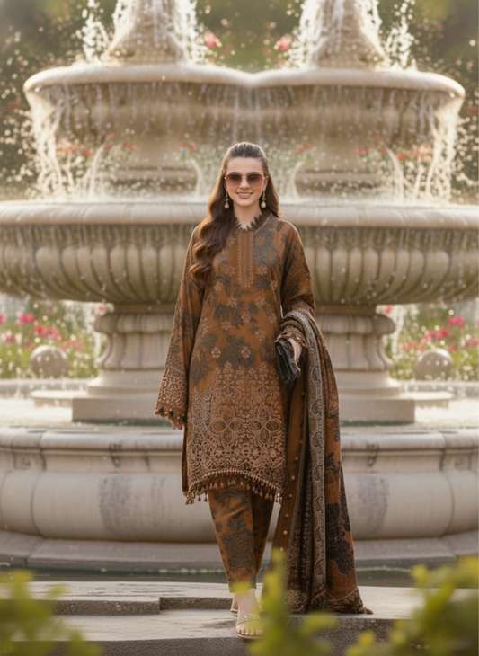 Chocolate Brown Luxury Embroidered & Printed 3-Piece Suit With Printed Lawn Dupatta