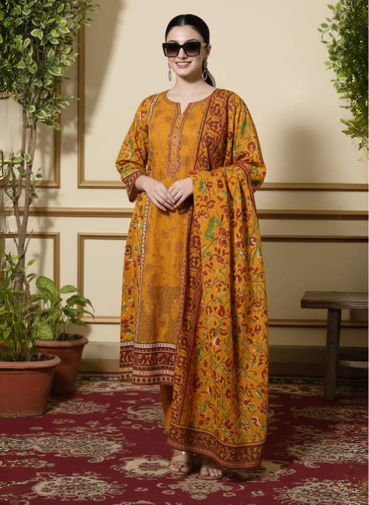 Mustard Yellow Digital Printed & Embroidered 3-Piece Suit With Printed Lawn Dupatta