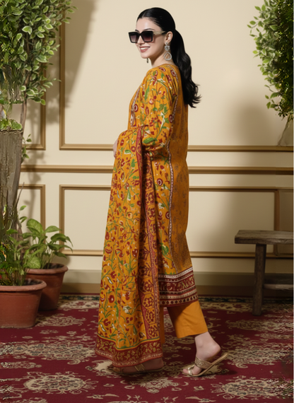 Mustard Yellow Digital Printed & Embroidered 3-Piece Suit With Printed Lawn Dupatta
