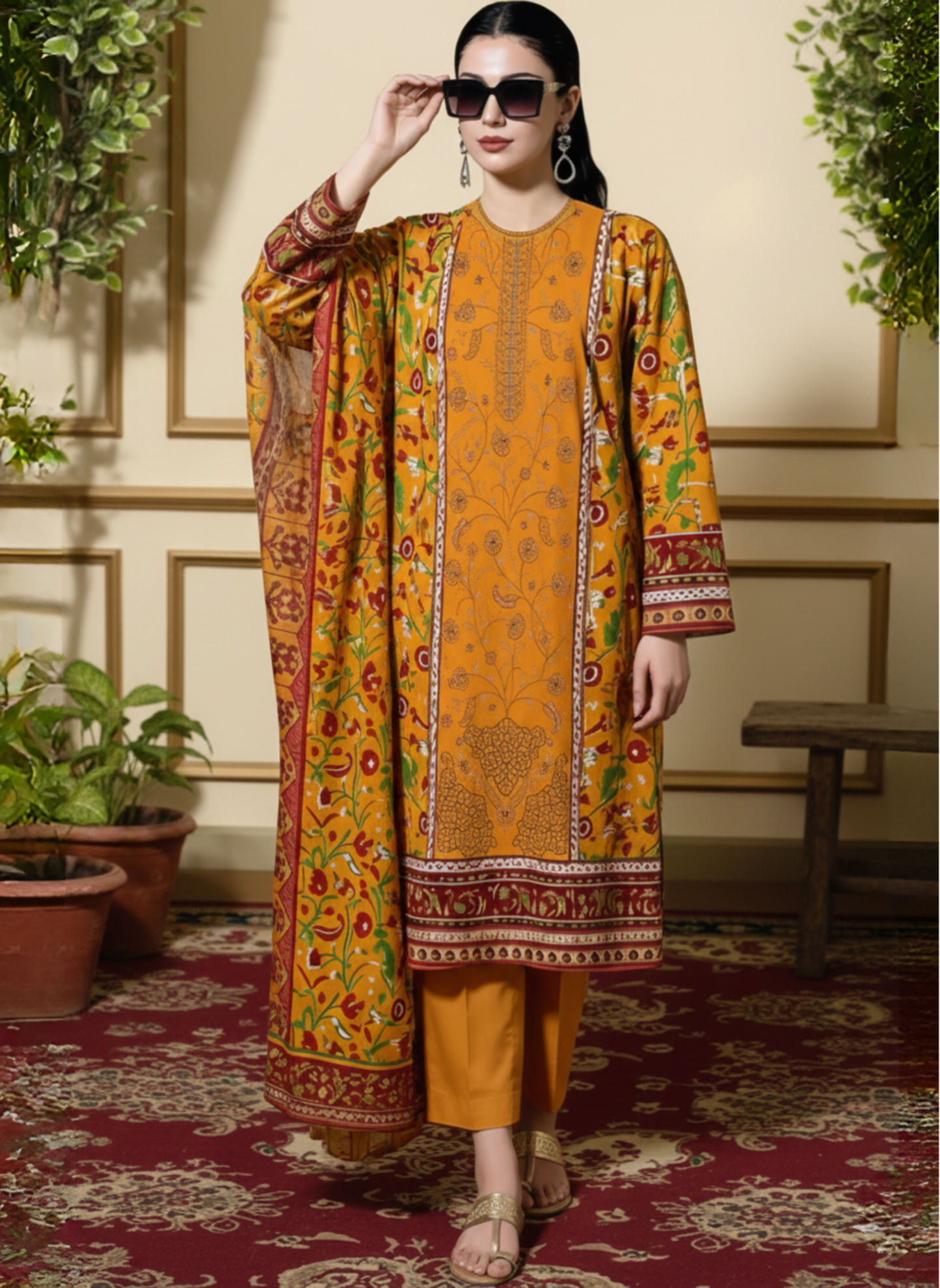 Mustard Yellow Digital Printed & Embroidered 3-Piece Suit With Printed Lawn Dupatta