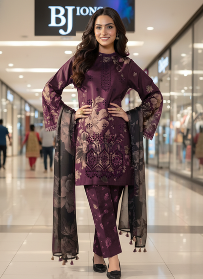 Deep Plum Luxury Unstitched 3-Piece Embroidered Lawn Suit With Lawn Dupatta
