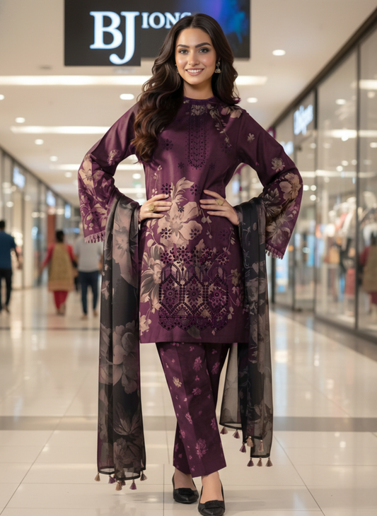 Deep Plum Luxury Unstitched 3-Piece Embroidered Lawn Suit With Lawn Dupatta