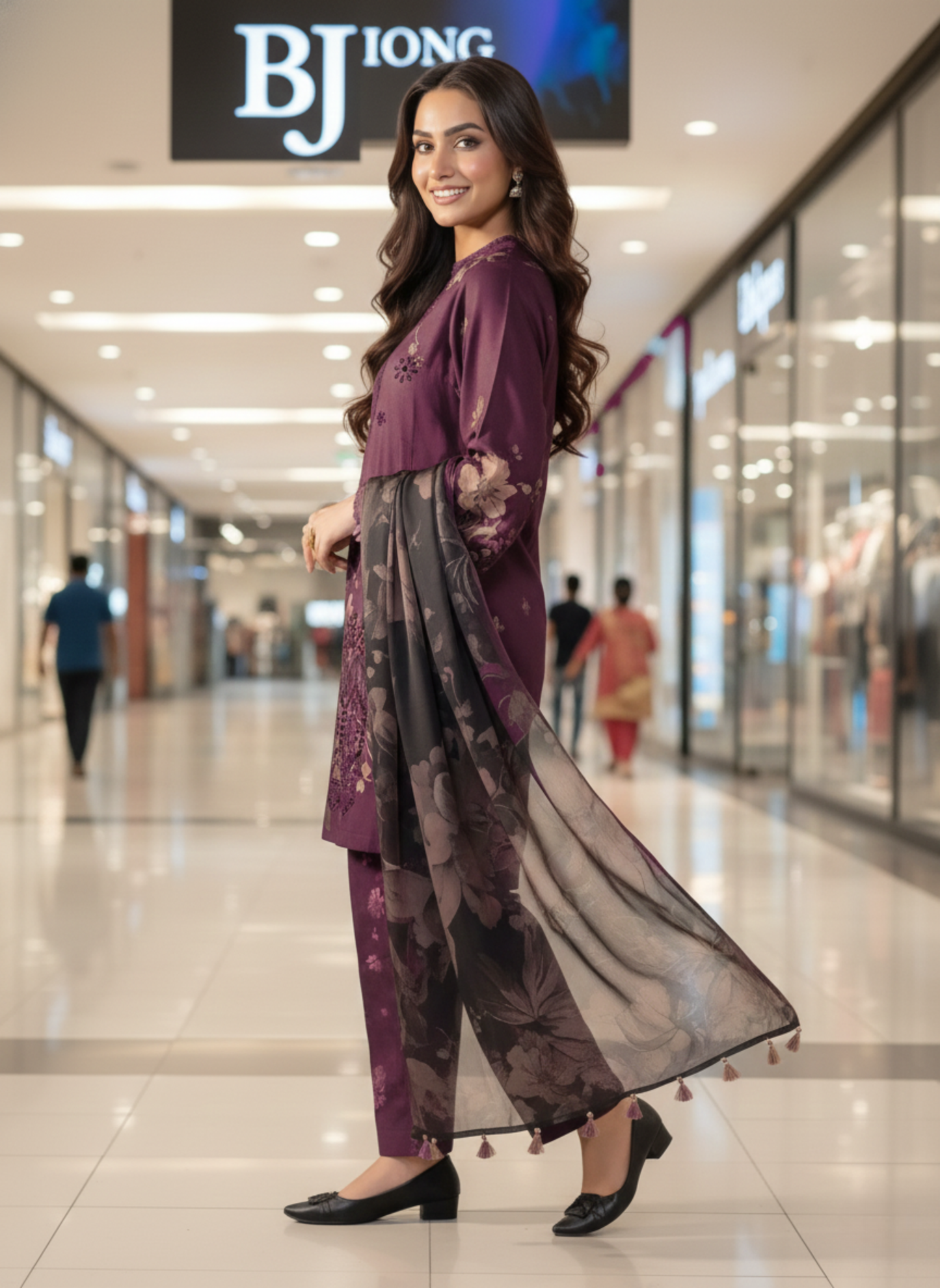 Deep Plum Luxury Unstitched 3-Piece Embroidered Lawn Suit With Lawn Dupatta