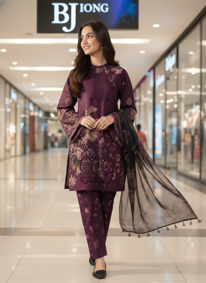 Deep Plum Luxury Unstitched 3-Piece Embroidered Lawn Suit With Lawn Dupatta