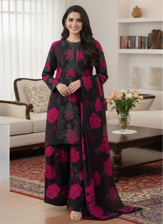 Black & Magenta Luxury Unstitched 3-Piece Embroidered Suit With Lawn Dupatta