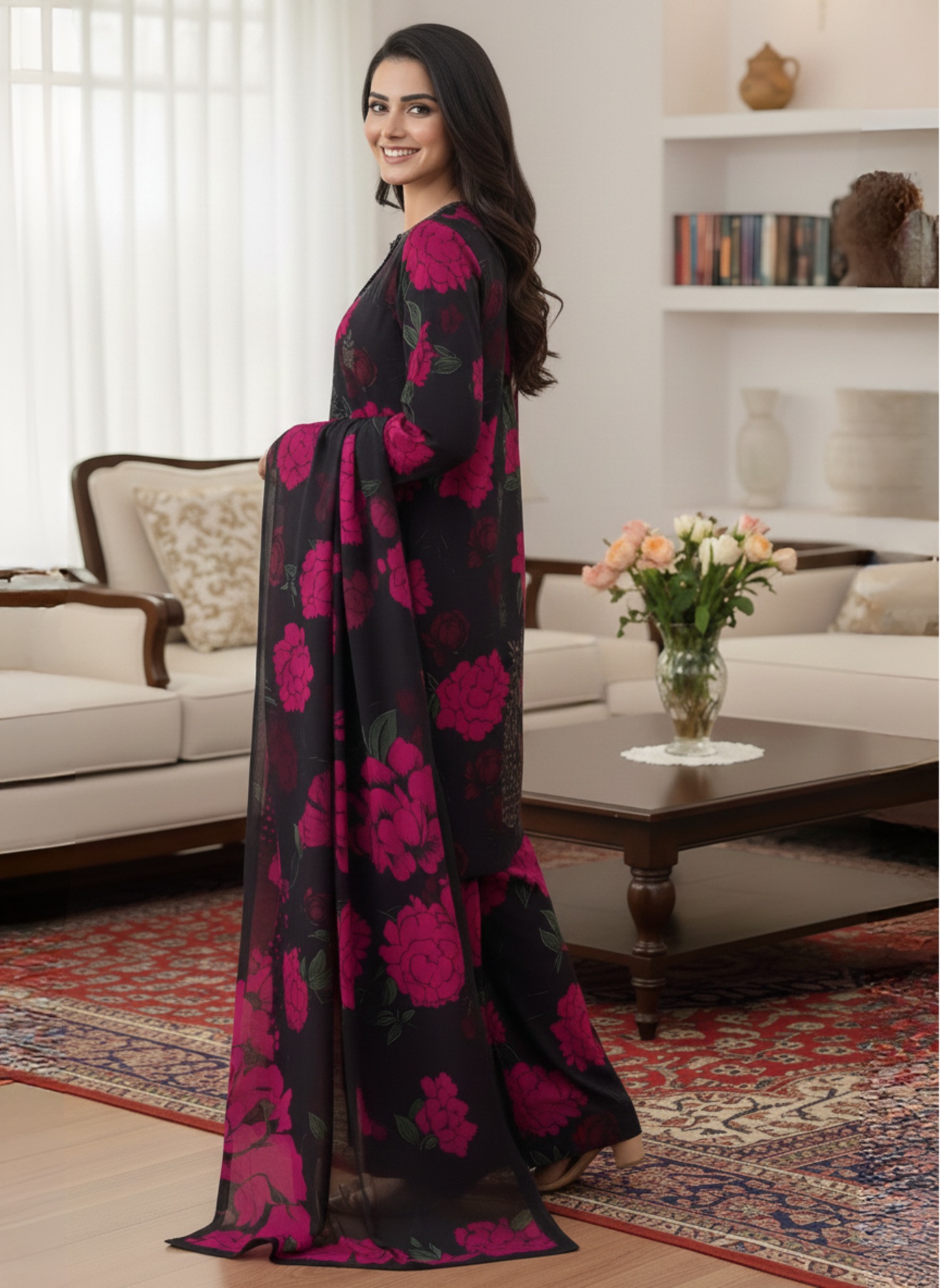 Black & Magenta Luxury Unstitched 3-Piece Embroidered Suit With Lawn Dupatta