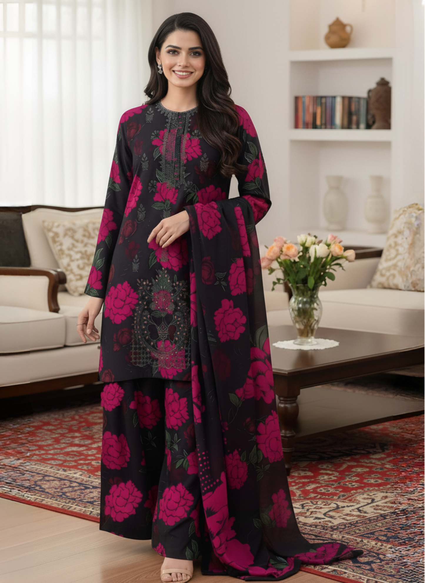 Black & Magenta Luxury Unstitched 3-Piece Embroidered Suit With Lawn Dupatta