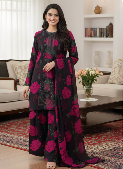 Black & Magenta Luxury Unstitched 3-Piece Embroidered Suit With Lawn Dupatta