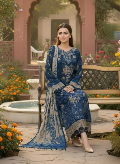 Royal Blue Unstitched Embroidered 3-Piece Lawn Suit with Chiffon Dupatta