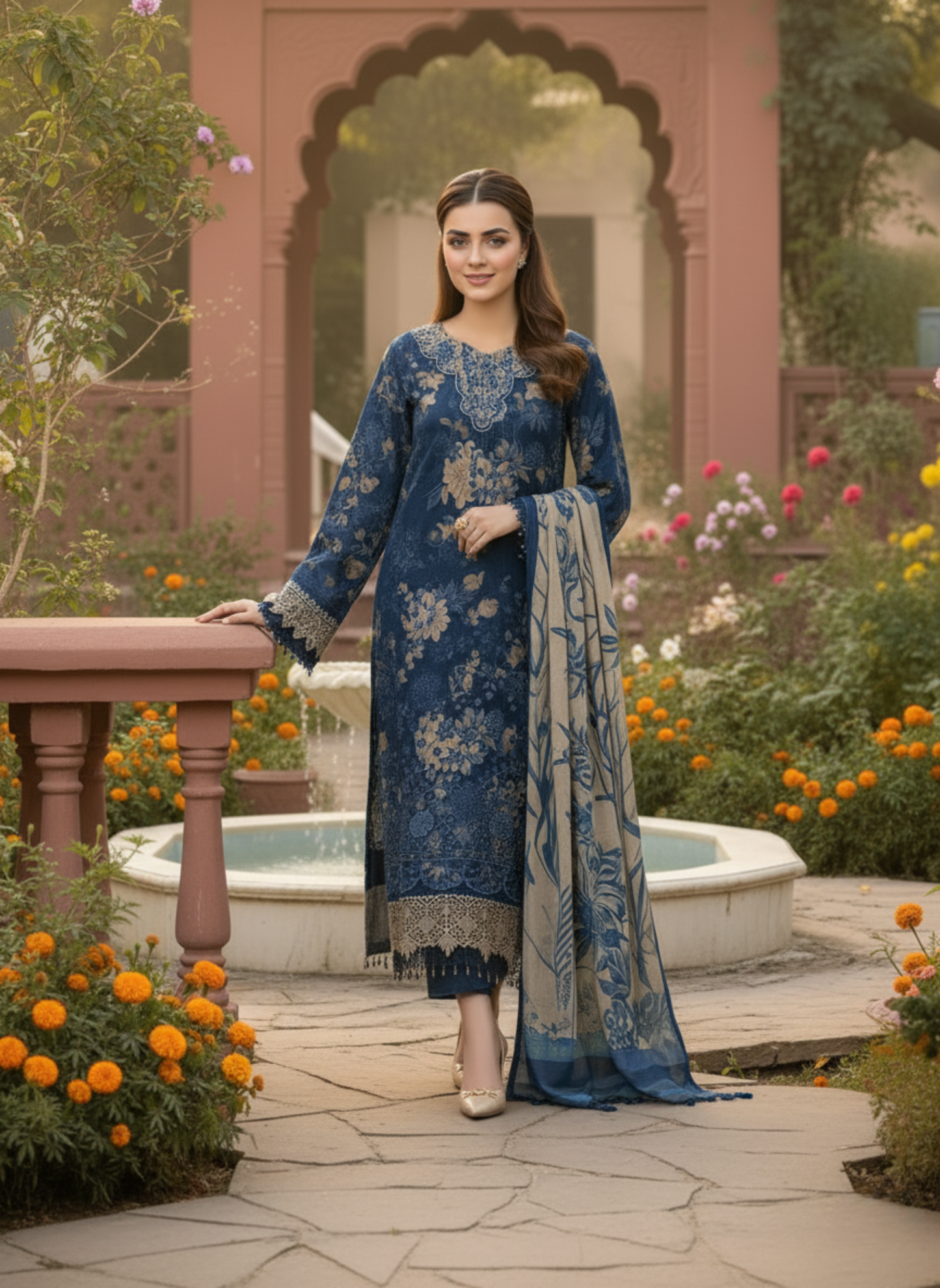 Royal Blue Unstitched Embroidered 3-Piece Lawn Suit with Chiffon Dupatta
