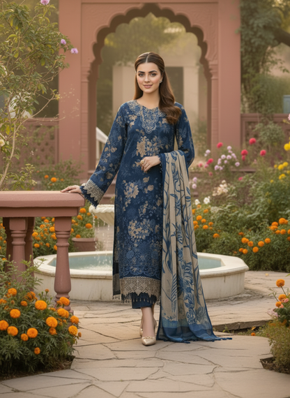 Royal Blue Unstitched Embroidered 3-Piece Lawn Suit with Chiffon Dupatta