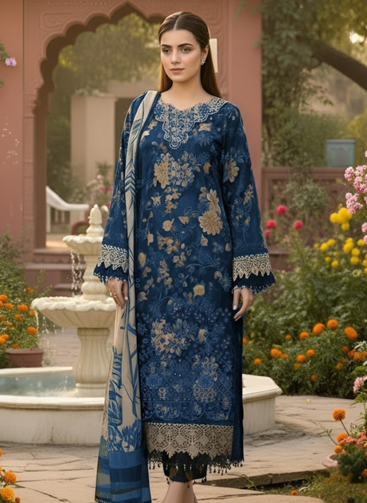 Royal Blue Unstitched Embroidered 3-Piece Lawn Suit with Chiffon Dupatta