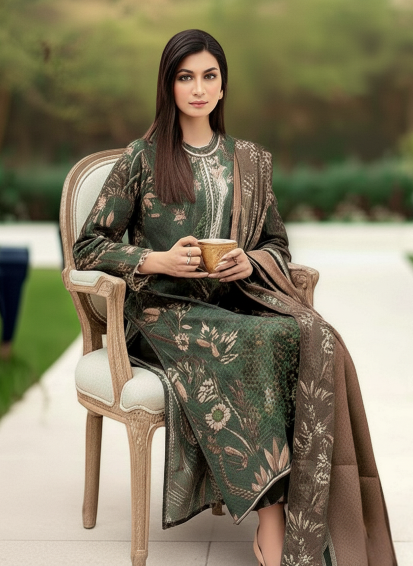 Deep Green Unstitched Embroidered 3-Piece Lawn Suit with Matching Chiffon Dupatta